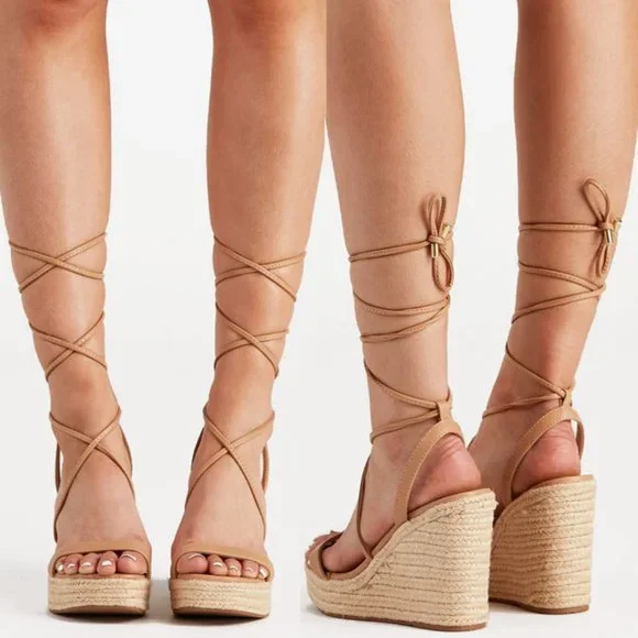 NEW Lace-Up Ankle Wrap Faux Leather Straps Espadrille Wedge Sandals Natural Nude - Picture 5 of 10